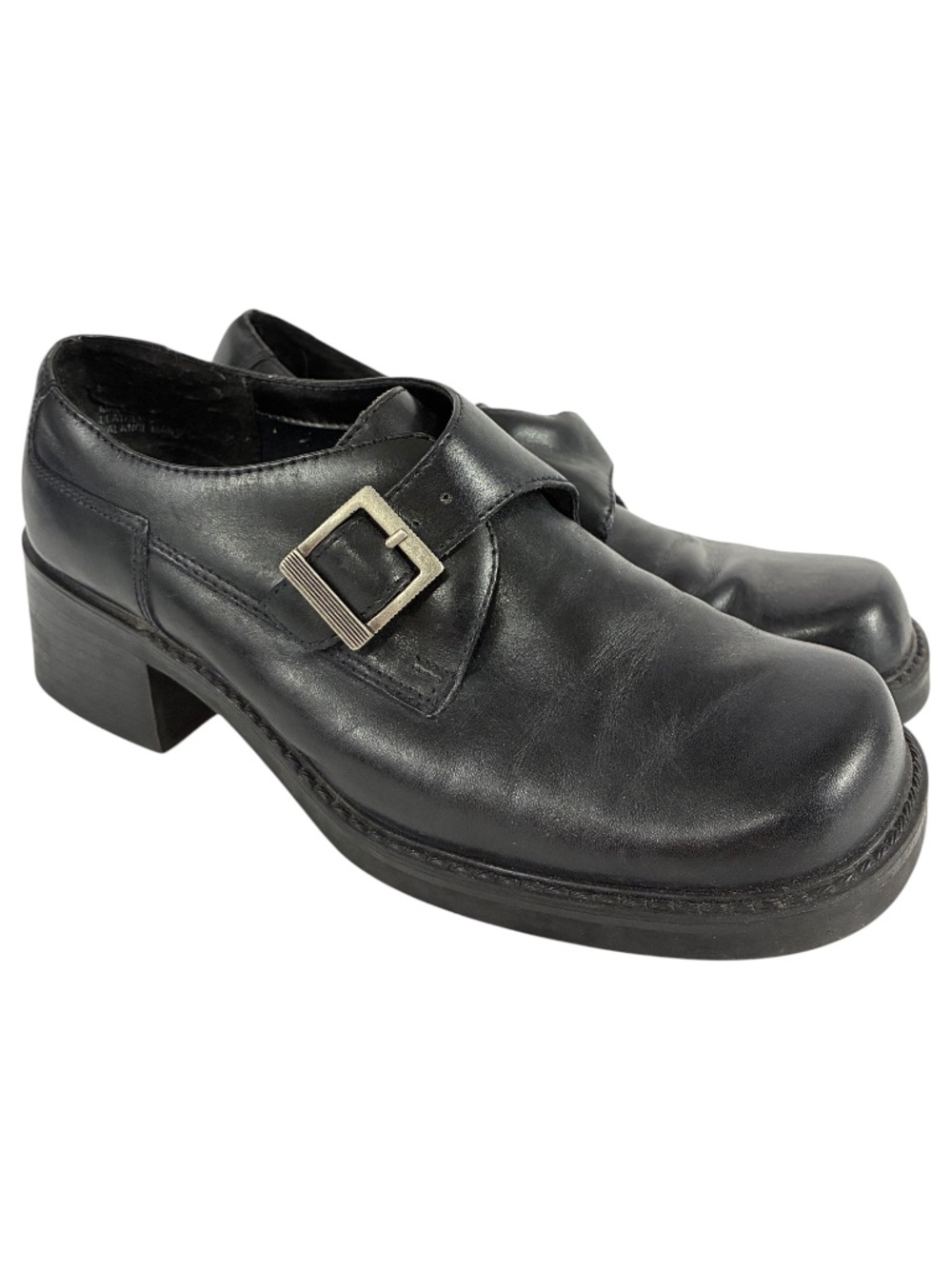 Y2K Pilgrim Buckle Shoes 7 Black Leather Chunky Round Toe Slip On Comfort Loafer